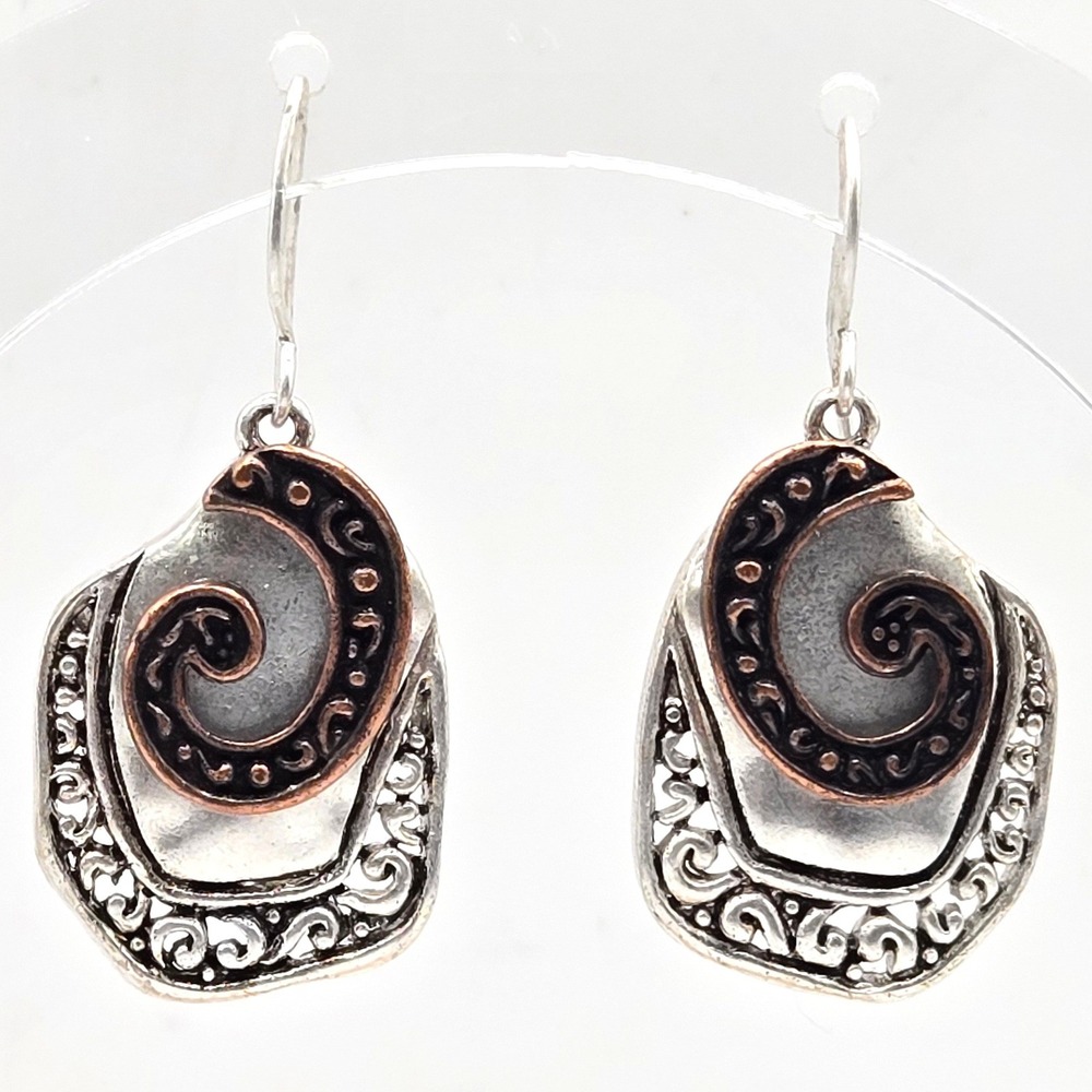Mixed Metal Spiral Filigree Drop Earrings Two Tone Silver Copper Wire Hook